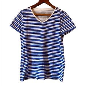 Talbots Blue and White Striped Short Sleeve V Neck Top
